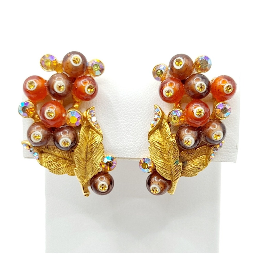 Vintage BSK Goldtone Leaf Clip-On Earrings Rhinestones & Beads